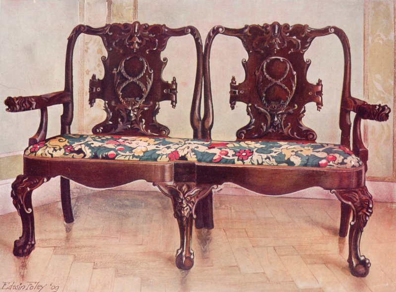 Vyřezávaný ořech Darby a Joan Settee od Edwin John Foley