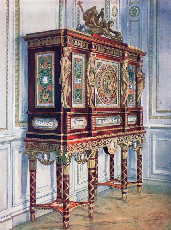 Klenotnický kabinet královny Marie Antoinetty: z mahagonu, zlacení, vykládané, vyřezávané a s malovanými plaketami od Edwin John Foley