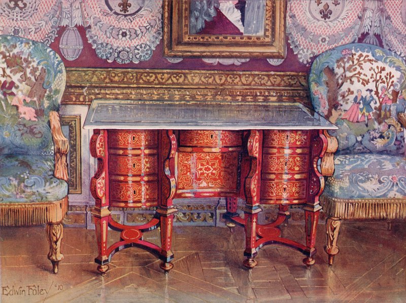 Psací stůl pod kolena z červené želvoviny a vrchní deska z lakované oceli. Boulle. Pozlacené Fauteuils, čalouněné tapisérií od Edwin John Foley