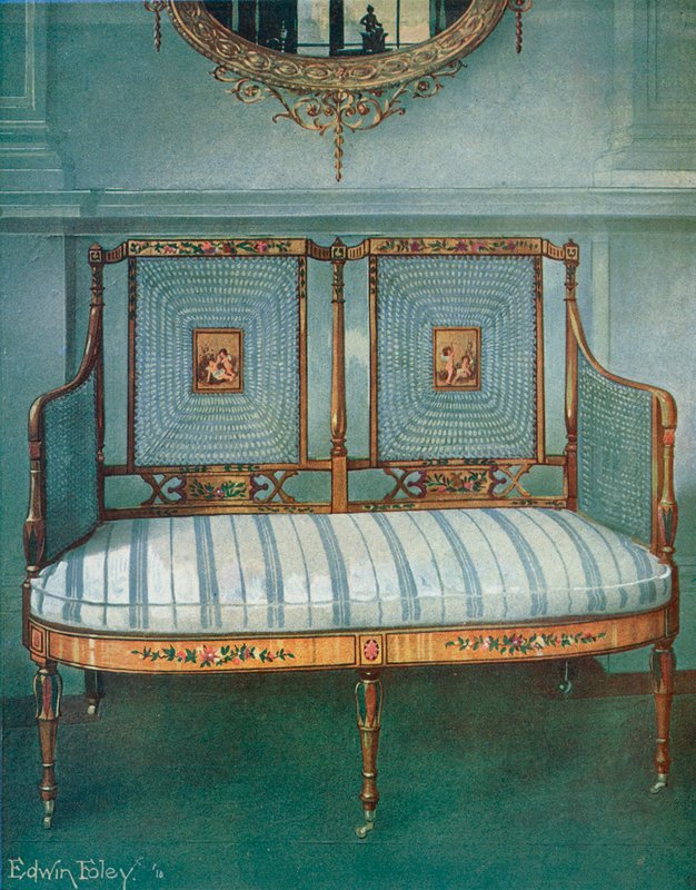 Painted Caned Satinwood Settee od Edwin John Foley