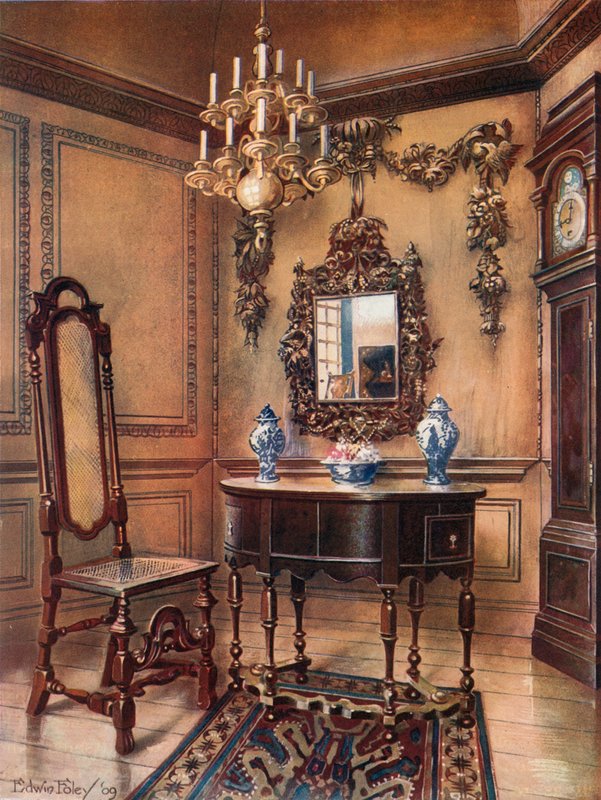 Obložení, s Grinling Gibbon Carvings. Zrcadlový rám, ořechový stůl, William a Mary. Walnut Chair, Charles Wesley