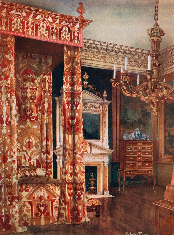 Postel královny Anny. Komoda na stojanu. Dřevěný svícen od Edwin John Foley