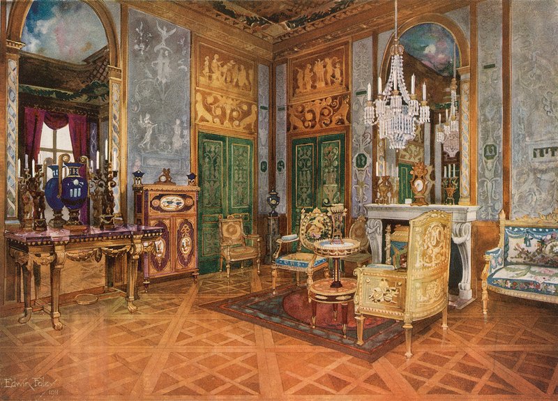 Salon de Musique královny Marie Antoinetty, palác Fontainebleau, Francie. Vyřezávaná a zlacená konzola. Zlacená sedací souprava s tapiserií Beauvais. Stůl s ormolem a sevresovými deskami. Kabinet v markýze od Edwin John Foley