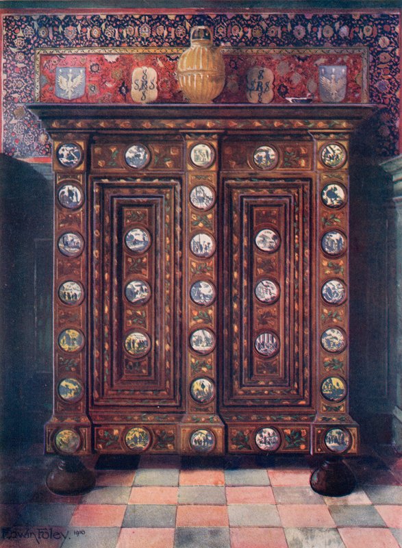 Ořech Kas intarzovaný as malovanými medailony z Delft Ware od Edwin John Foley