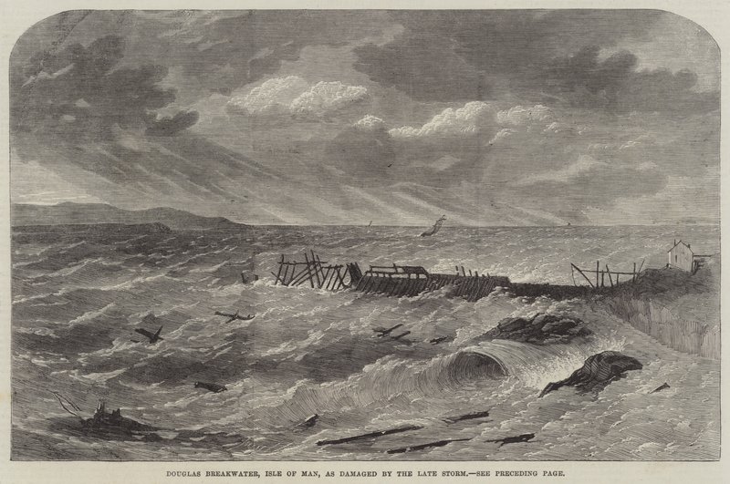 Douglas Breakwater, Isle of Man, jak byl poškozen pozdní Storm od Edwin Weedon