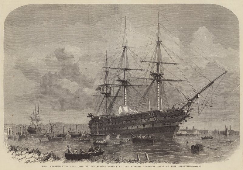 HMS Agamemnon, 91 Guns, přepravující anglickou část atlantického podmořského kabelu ve východním Greenwichi od Edwin Weedon