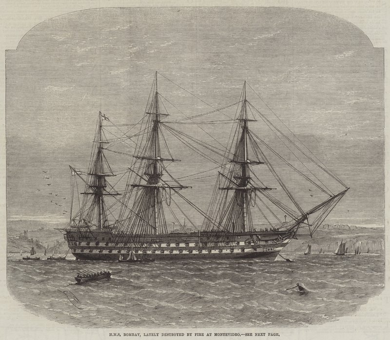 HMS Bombay, nedávno zničená požárem v Montevideu od Edwin Weedon