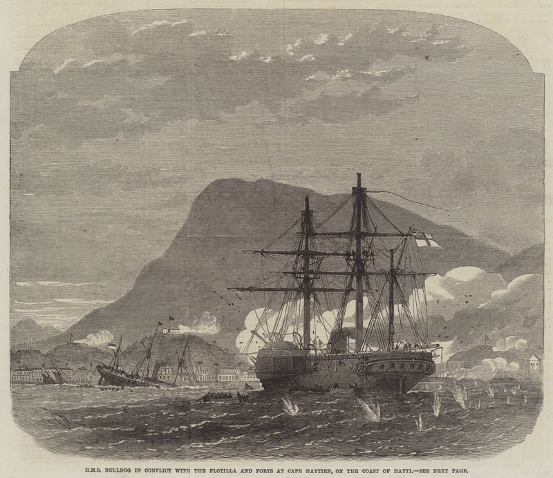 HMS Bulldog v konfliktu s flotilou a pevnostmi na Cape Haytien, na pobřeží Hayti od Edwin Weedon