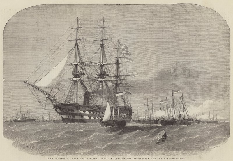 HMS Colossus s flotilou dělových člunů odplouvá z Motherbank do Portlandu od Edwin Weedon