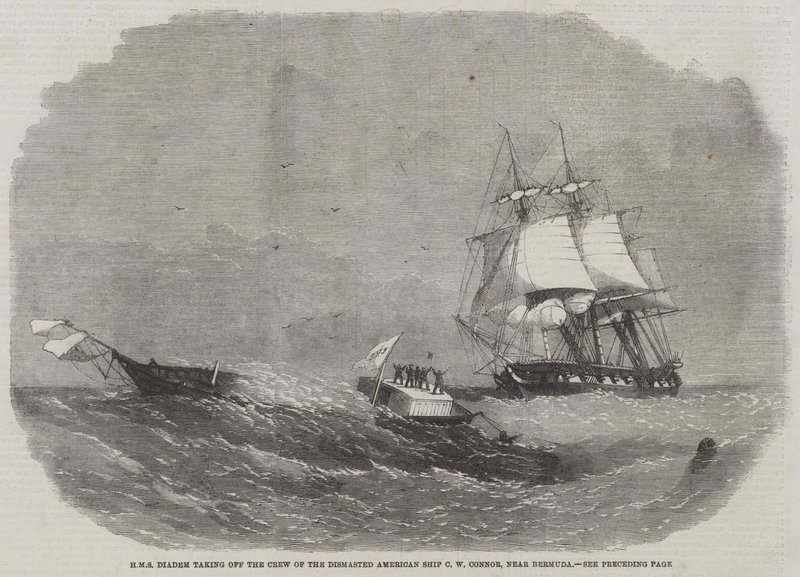 HMS Diadem startuje posádku Dismasted americké lodi C W Connor poblíž Bermud od Edwin Weedon