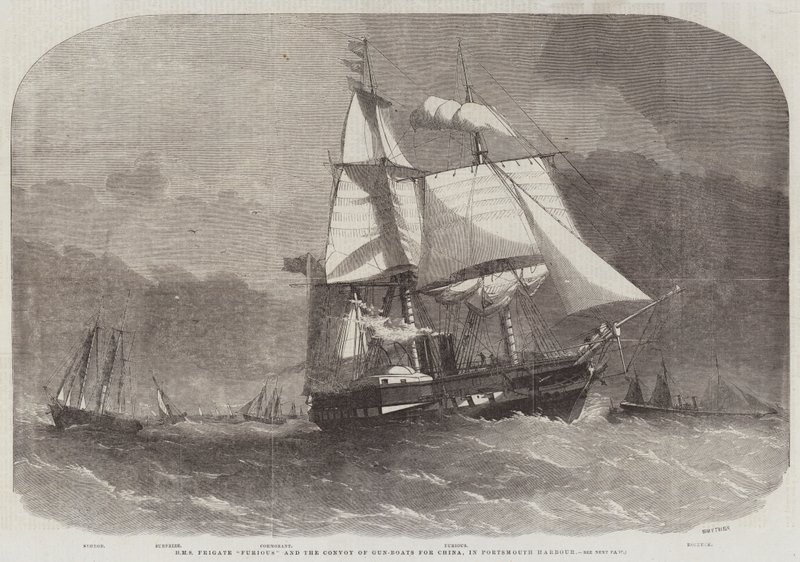 HMS Fregate Furious a konvoj dělových člunů pro Čínu v přístavu Portsmouth od Edwin Weedon
