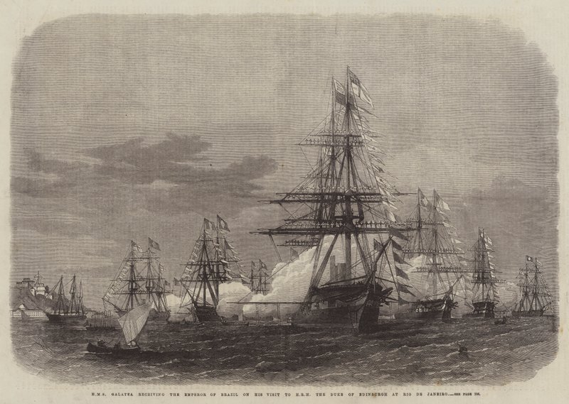 HMS Galatea přijímá brazilského císaře na jeho návštěvě u HRH vévody z Edinburghu v Rio de Janeiru od Edwin Weedon