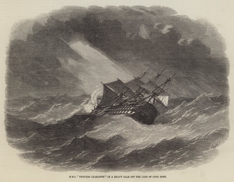 HMS Princess Charlotte v těžké vichřici u Mysu Dobré naděje od Edwin Weedon