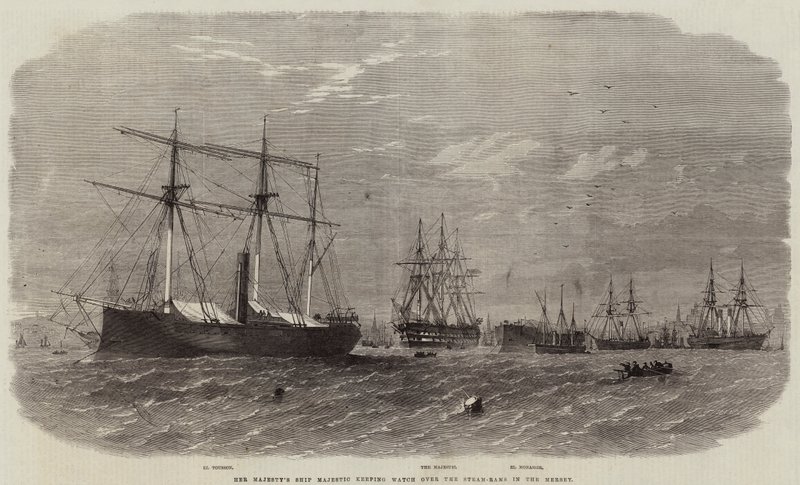 Loď Jejího Veličenstva Majestic hlídá parní jeřáby v Mersey od Edwin Weedon