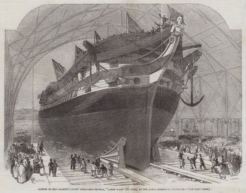 Start válečné parní lodi Jejího Veličenstva, James Watt (90 Guns), v Royal Dockyard, Pembroke od Edwin Weedon