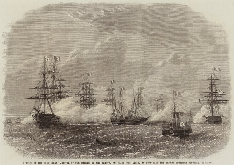 Otevření Suezského průplavu, příjezd francouzské císařovny, na palubě Aigle, v Port Said, britská eskadra zdraví od Edwin Weedon
