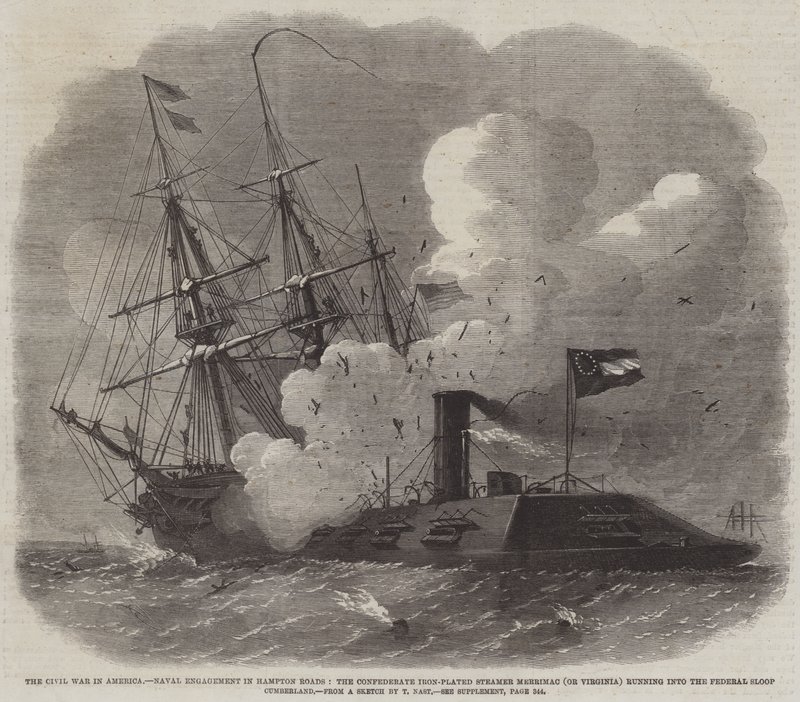 Občanská válka v Americe, námořní angažmá v Hampton Roads, konfederační železný parník Merrimac (nebo Virginie) vjíždějící do federální šalupy Cumberland od Edwin Weedon