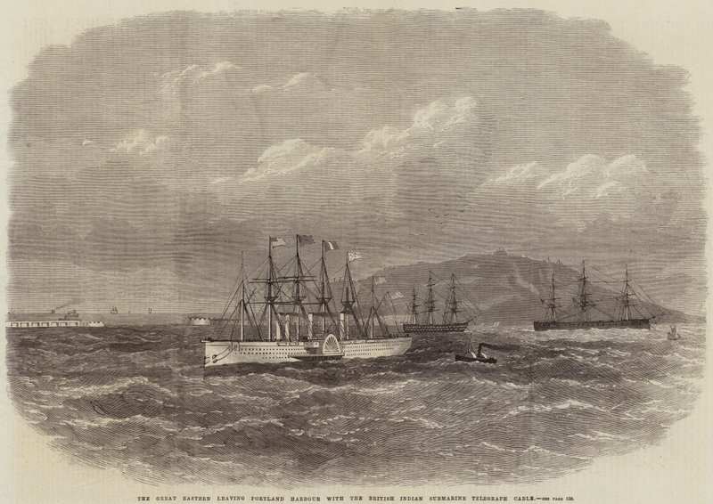 The Great Eastern opouští portlandský přístav s britským indickým ponorkovým telegrafním kabelem od Edwin Weedon