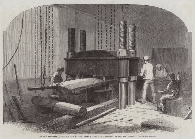 Nová železná flotila, ohýbání pancéřových desek hydraulickým tlakem v loděnici Chatham od Edwin Weedon