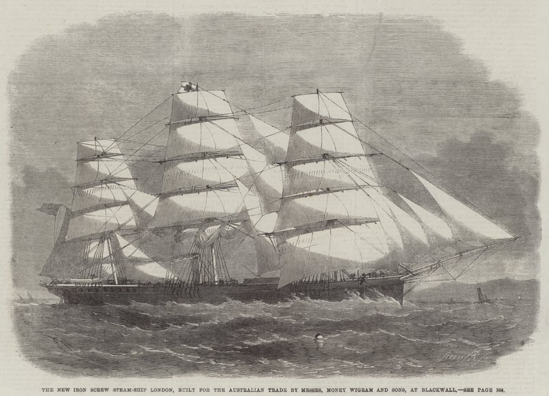 The New Iron Screw Steam-Ship London, postavená pro australský obchod společností Messers Money Wigram and Sons, v Blackwallu od Edwin Weedon