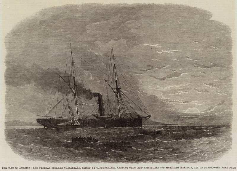 Válka v Americe, federální parník Chesapeake, zajatý Konfederacemi, vylodění posádky a cestujících u Musquash Harbour, Bay of Fundy od Edwin Weedon