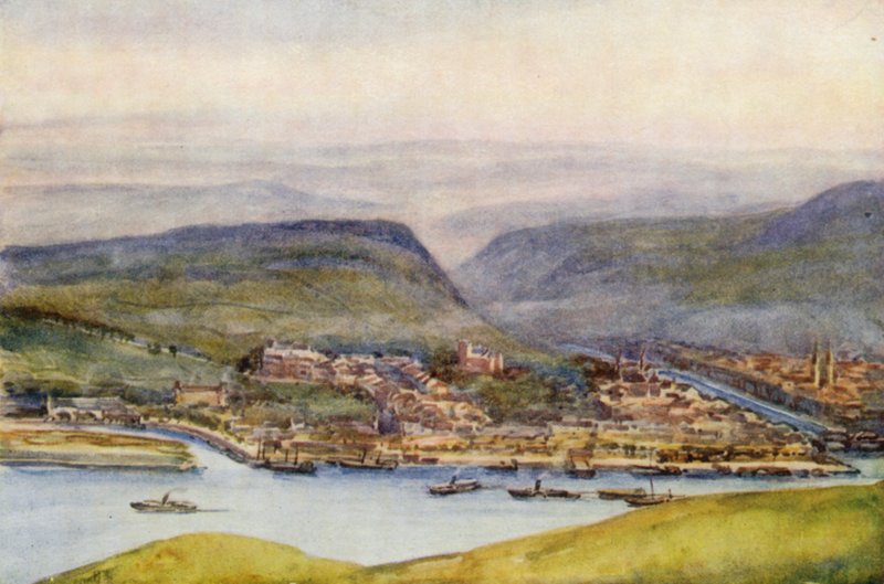 Rýn: Bingen, z Germania Denkmal (barevná litografie) od Effie Jardine