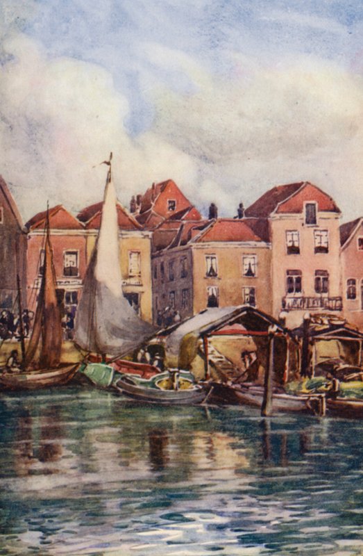 Rýn: Dordrecht, Rybí trh (barevná litografie) od Effie Jardine
