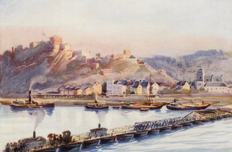 Rýn: Ehrenbreitstein, Most lodí (barevná litografie) od Effie Jardine