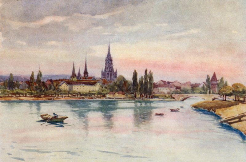 Rýn: Kostnice, Kostnice, od jezera (barevná litografie) od Effie Jardine