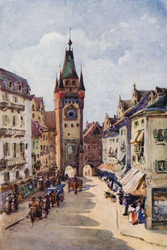 Rýn: Stará věž, Freiburg-im-Breisgau (barevná litografie) od Effie Jardine
