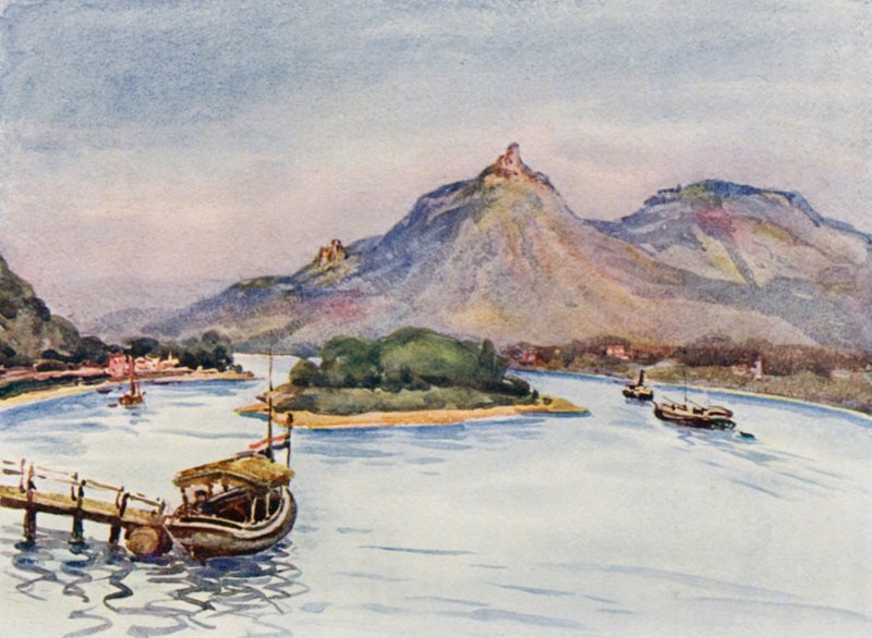 Rýn: Drachenfels a Nonnenwerth z Rolandsecku (barevná litografie) od Effie Jardine