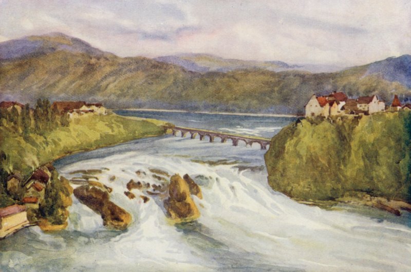 Rýn: Rýnské vodopády, Schaffhausen (barevná litografie) od Effie Jardine