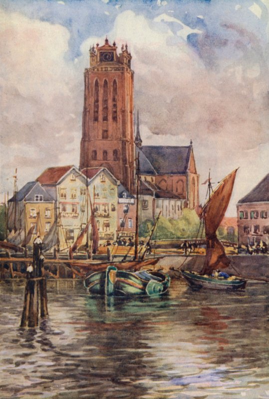 Rýn: Groote Kerk, Dordrecht (barevná litografie) od Effie Jardine
