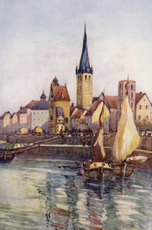Rýn: Nábřeží v Düsseldorfu (barevná litografie) od Effie Jardine
