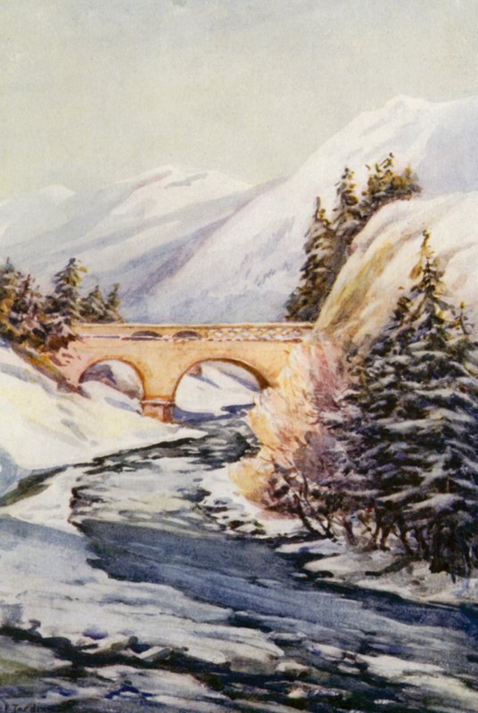 Rýn: Rýnský most u Thusis (barevná litografie) od Effie Jardine