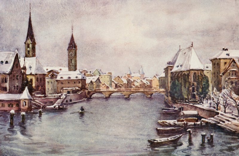 Rýn: Řeka u Curychu, zima (barevná litografie) od Effie Jardine