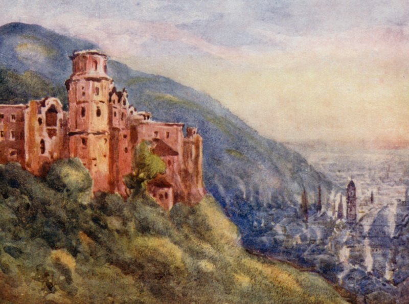 Rýn: Schloss, Heidelberg (barevná litografie) od Effie Jardine