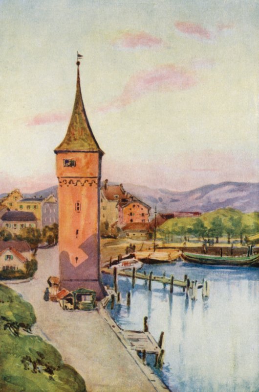Rýn: Věž v Lindau na Bodenském jezeře, Kostnické jezero (barevná litografie) od Effie Jardine