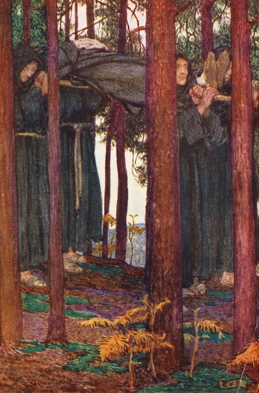 Ilustrace k filmu The Gathering of Brother Hilarius od Michaela Fairlesse (barevná litografie) od Eleanor Fortescue Brickdale