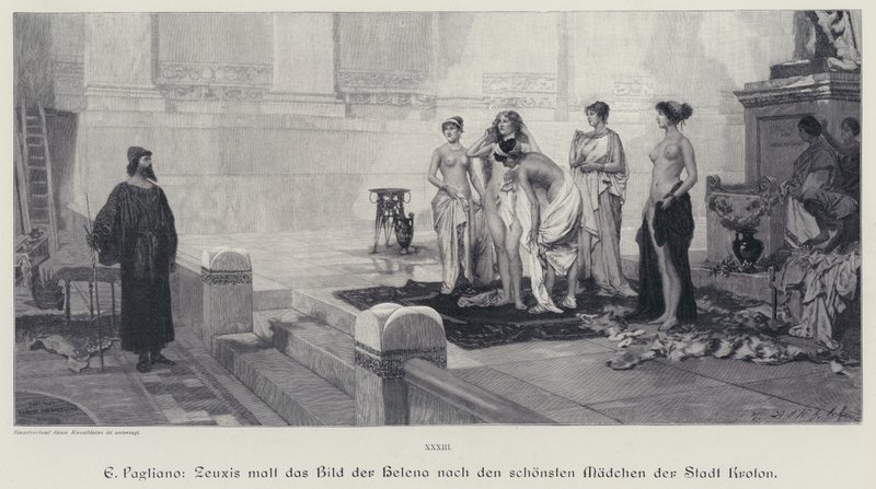 Starověký řecký umělec Zeuxis vybírá z nejkrásnějších žen města Crotone předlohu pro svůj obraz Heleny Trojské (rytina) od Eleuterio Pagliano