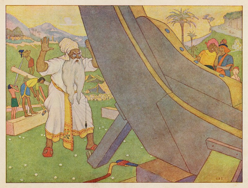 Noemova archa: Stavba archy (barevná litografie) od Elmer Boyd Smith