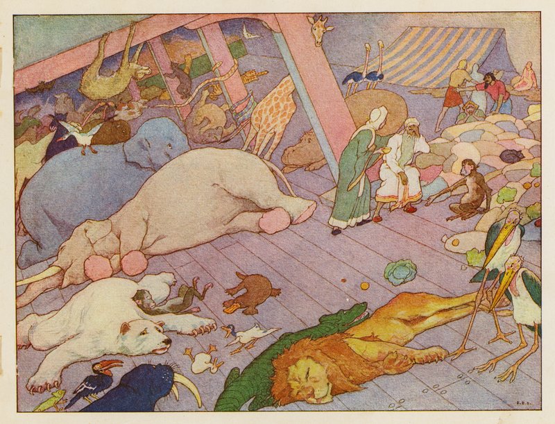 Noemova archa: Uvnitř archy (barevná litografie) od Elmer Boyd Smith