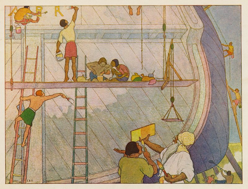 Noemova archa: Malování archy (barevná litografie) od Elmer Boyd Smith