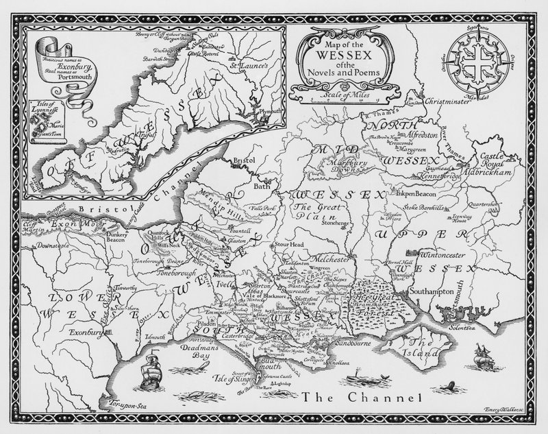 Mapa Wessexu románů a básní Thomase Hardyho (rytina) od Emery Walker