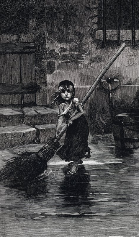 Scéna z Les Miserables, od Victora Huga: Cosette zametání (rytina) od Emile Antoine (after) Bayard