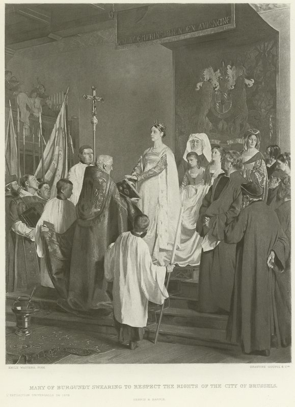 Marie Burgundská přísahá, že bude respektovat práva města Bruselu (hlubotisk) od Emile Charles Wauters