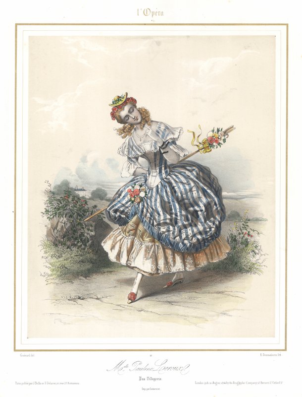 Francouzská baletní tanečnice Pauline Leroux tančí v pařížské opeře, c1840 (barevné lito) od Emile Desmaisons