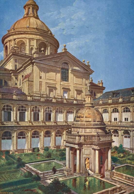 Elscorial: Patio de Los Evangelistas (barevná litografie) od Emilio Poy Dalmau
