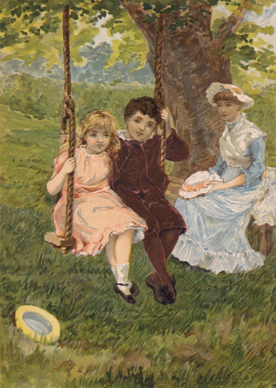 Chlapec a dívka sedící na houpačce (chromolit) od Emily Jane Harding Andrews