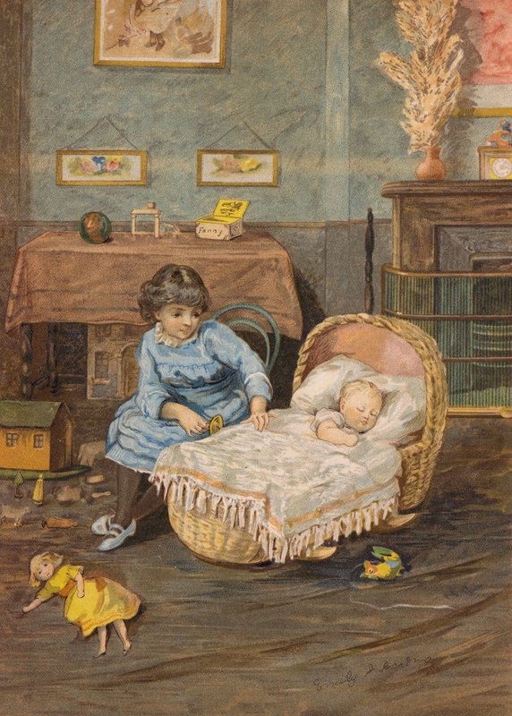Dívka hlídající dítě v postýlce (chromolit) od Emily Jane Harding Andrews